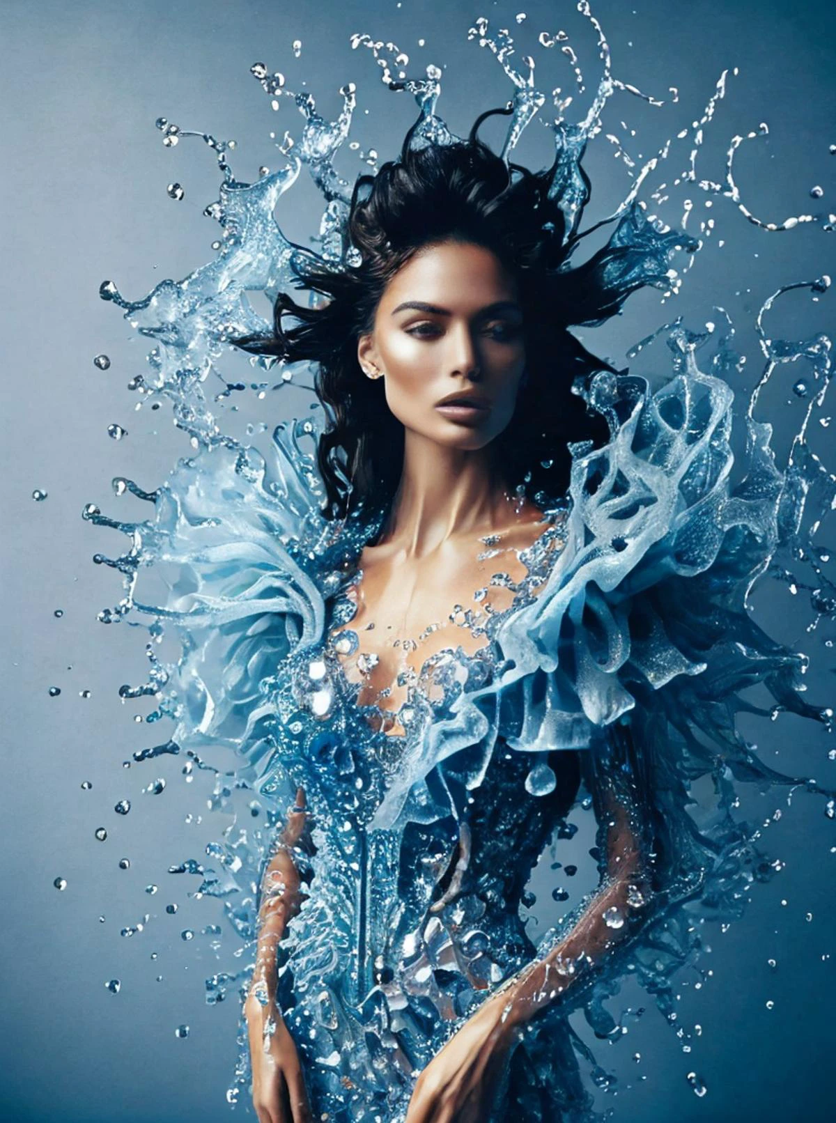 professional photo, 1girl, long brunette hair, dress made of blue water, water drops, complex living room background, 8k uhd, dslr, high quality, (intricate details:0.9), (hdr, hyperdetailed:1.2)
<lora:WaterFashion:0.9>
<lora:pytorch_lora_weights:0.8>