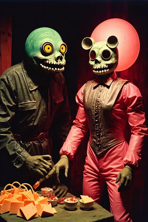 neon flamboyant horror, analog photo, vintage pulp fantasy film still, cheesy,b-,impractical,animatronics