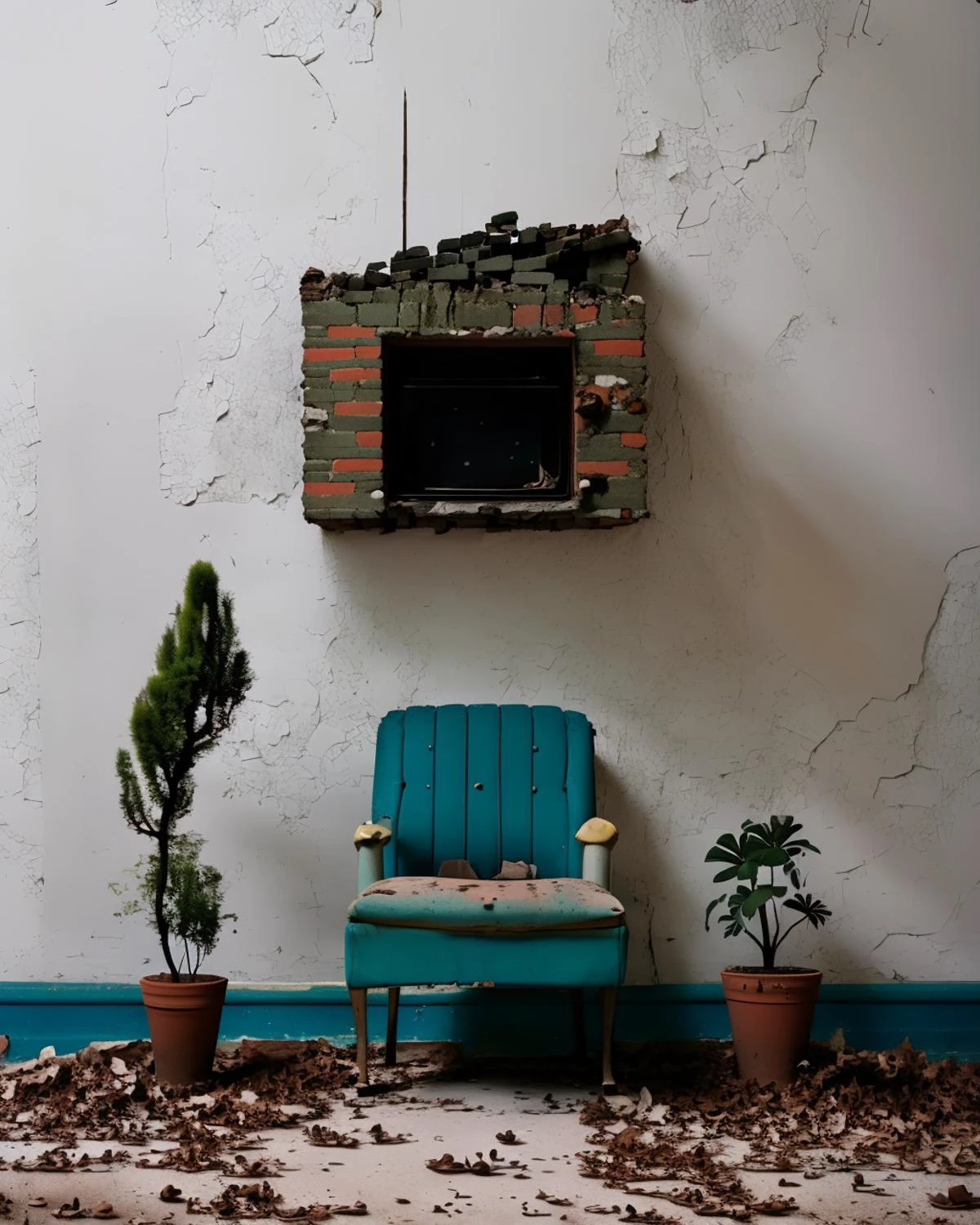 a blue chair sitting in front of a brick wall with a plant growing out of it's back, Claire Hummel, overgrown, a still life, neoplasticism , abandoned_style , <lora:abandoned_style-10:1>