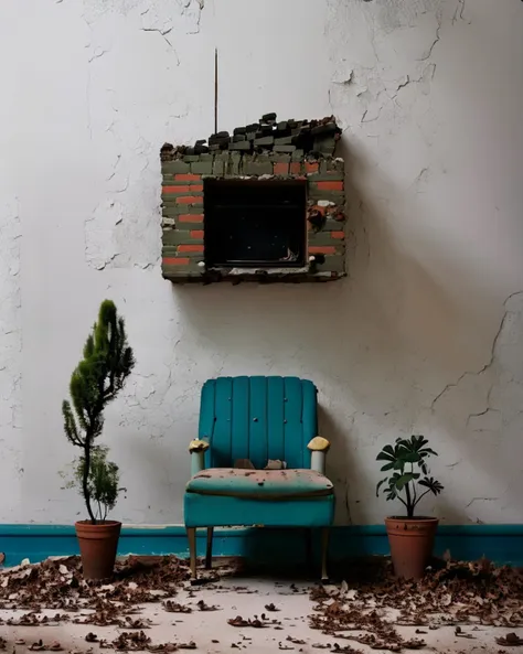 a blue chair sitting in front of a brick wall with a plant growing out of it's back, Claire Hummel, overgrown, a still life, neoplasticism ,  abandoned_style , <lora:abandoned_style-10:1>