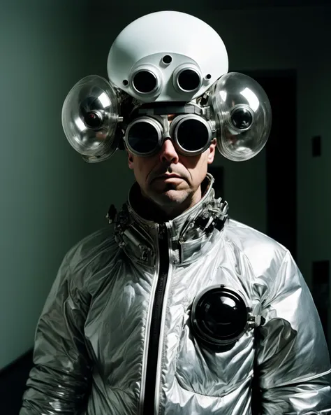 a man in a space suit with goggles on , solo, looking at viewer, blue eyes, blonde hair, 1boy, white hair, male focus, scar, goggles, portrait, reflection, goggles on head, realistic, spacesuit  , Yaw Owusu , Maya Deren, Hsin-ya Lin, Malinda Damgaard, Newton Thomas Sigel, Richard Linklater, by todd solondz,