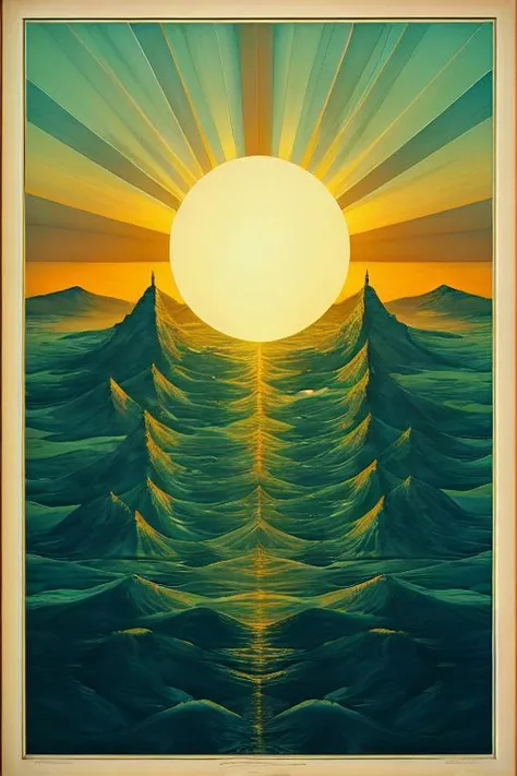 painting of a sunset over a body of water with waves