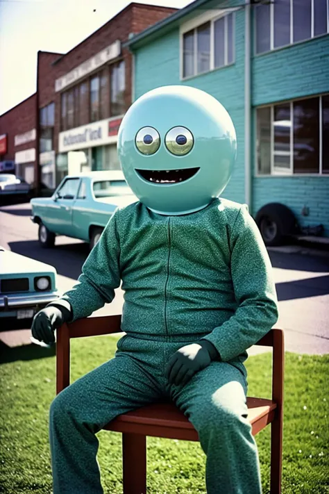 1980s analog photo of a retro scene, android as a monster, no humans, outdoor, cheap gardengreenhouse, town in the background, sitting on a chair, wide smile, teeth, analog photo, film grain, kodachrome, vintage aged and damaged photo, sharp focus, bokeh,shallow depth of field,soft focus, wide angle lens, scenic