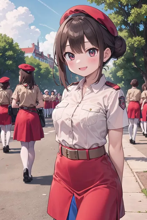 (masterpiece),(best quality),extreamly delicate and beautiful,traditional media,
6+girls, ultra happy smiling,
1girl, cm uniform, brown shirt, red skirt, white pantyhose, upper body, solo, single hair bun, outdoors, brown belt, beret, arms behind back,<lora:cm2fin:1>