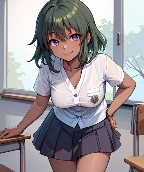 (masterpiece, best quality:1.2) 1girl, cp2, natalia, green hair, white shirt, pleated skirt, kneehighs, smile, short hair, arm support, school desk, school chair, leaning forward, medium breasts, classroom, bracelet, purple eyes, dark skin, school emblem, black button, [tree:5]
<lora:cp2Y16:1>
<lyco:Natalia:0.8>