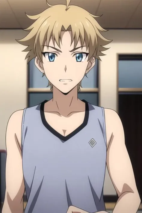 masterpiece, best quality, high quality, 1boy, solo, male focus, looking at viewer, upper body, <lora:genshirou_saji:0.82>, genshirou_saji, blonde hair, blue eyes, , tank top