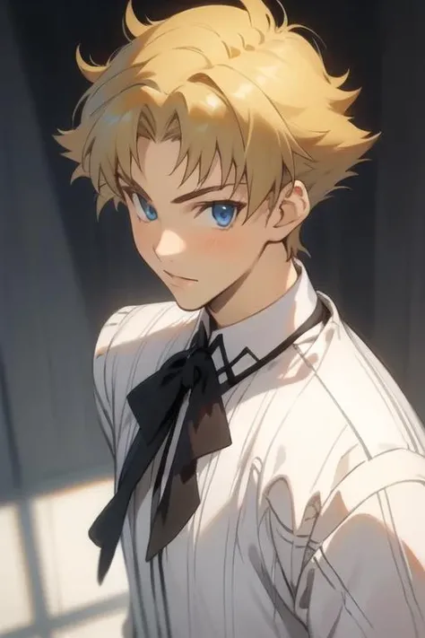 masterpiece, best quality, high quality, 1boy, solo, male focus, looking at viewer, upper body, <lora:genshirou_saji:0.78>, genshirou_saji, blonde hair, blue eyes, realistic, pajamas
