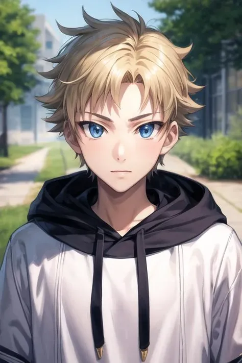 masterpiece, best quality, high quality, 1boy, solo, male focus, looking at viewer, upper body, <lora:genshirou_saji:0.54>, genshirou_saji, blonde hair, blue eyes, , hoodie
