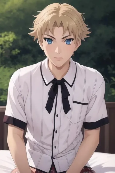 masterpiece, best quality, high quality, 1boy, solo, male focus, looking at viewer, upper body, <lora:genshirou_saji:0.82>, genshirou_saji, blonde hair, blue eyes, realistic, pajamas