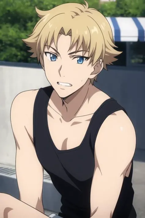 masterpiece, best quality, high quality, 1boy, solo, male focus, looking at viewer, upper body, <lora:genshirou_saji:0.64>, genshirou_saji, blonde hair, blue eyes, realistic, tank top