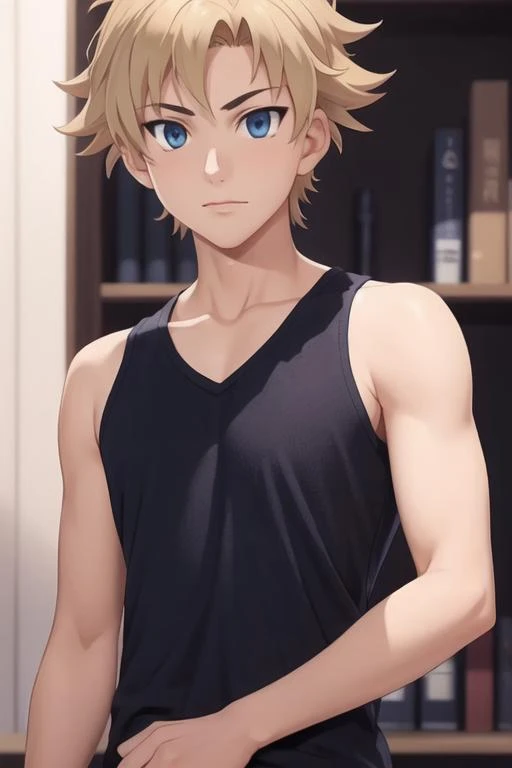 masterpiece, best quality, high quality, 1boy, solo, male focus, looking at viewer, upper body, <lora:genshirou_saji:0.62>, genshirou_saji, blonde hair, blue eyes, , tank top