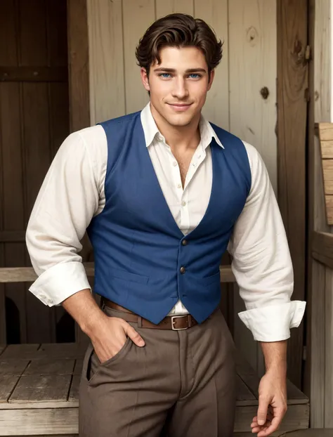 (1boy) <lora:prince_eric:0.0.3>, close up shot, prince eric, jonah hauer-king, big blue eyes, handsome warm smile, open linen blouse, vest, rolled up trousers, early 1900s, the Bahamas, <lora:more_details:0.5>, explorer adventurer, rustic village