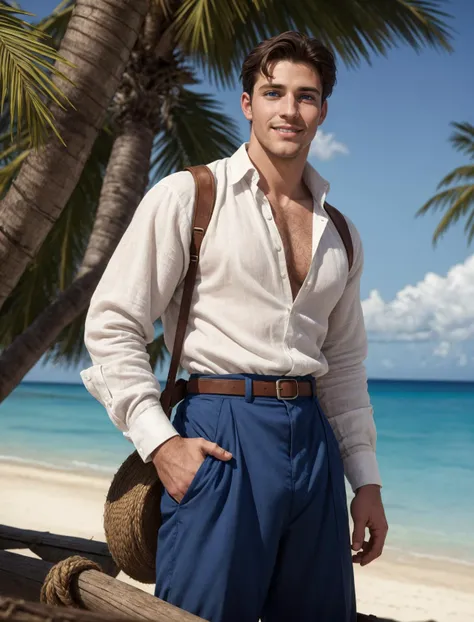 (1boy) <lora:prince_eric:0.0.3>, close up shot, prince eric, jonah hauer-king, big blue eyes, handsome warm smile, open linen blouse, rolled up trousers, early 1900s, the Bahamas, <lora:more_details:0.5>, explorer adventurer, rustic village