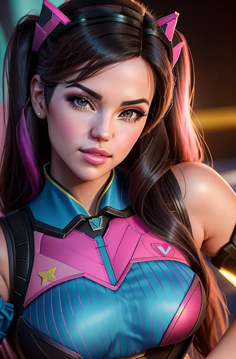 (sfw), a cinematic still of S058_AnastasiaVi, cowboy shot, (dva cosplay:1.3), artistic erotica, flirty smirk, beautiful face, (realistic skin texture, highly detailed face), high quality, , masterpiece, photorealistic, absurdres, by artgerm, (by arny freytag), fujifilm xt3