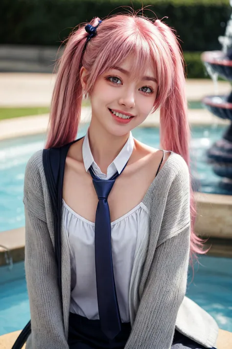 1girl, solo, best quality, ultra high res, an extremely delicate and beautiful, extremely detailed ,CG ,unity, 8k wallpaper, RAW photo, (photorealistic:1.3), masterpiece, (realistic:1.3), ((in the fountain, depth of field)), ((intricate, highly detailed, digital painting, artstation, matte, sharp focus)), (breasts, cleavage, looking at viewer), <lora:add_detail:1>, <lora:skinny_new_skin:0.2> detailed skin, skin blemish, <lora:breastsizeslideroffset:-0.4>, <lora:koyuki_bluearchive_2:1>, koyuki_bluearchive. pink_hair, long_hair, halo, twintails, open_mouth, hair_between_eyes, bangs, pink_eyes, necktie, fang, blue_necktie, smile, blush, skin_fang, very_long_hair