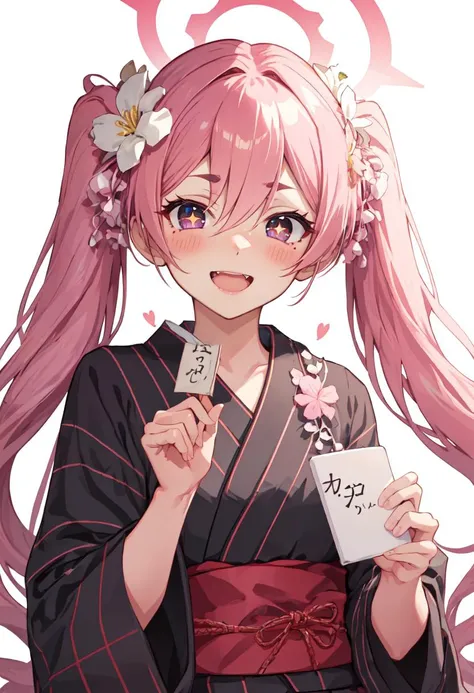 best quality, masterpiece, highres, solo, (koyuki_bluearchive:1.10), hair flower, long sleeves, obi, alternate costume, wide sleeves, +_+, 1girl, blush, checkered clothes, looking at viewer, smile, holding, open mouth, bow, closed mouth, yukata, 6 <lora:koyuki_bluearchive:0.80>
