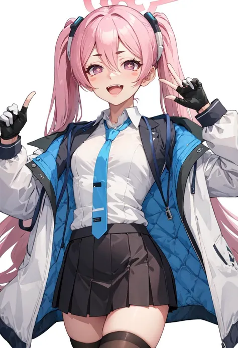 best quality, masterpiece, highres, solo, (koyuki_bluearchive:1.10), 1girl, black skirt, blue necktie, collared shirt, long sleeves, looking at viewer, pleated skirt, white jacket, white shirt, +_+, open mouth, smile, white thighhighs, black gloves, fingerless gloves, simple background, blush stickers, id card, white background, open jacket, two-sided jacket, 5 <lora:koyuki_bluearchive:0.80>