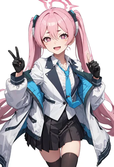 best quality, masterpiece, highres, solo, (koyuki_bluearchive:1.10), 1girl, black skirt, blue necktie, collared shirt, long sleeves, looking at viewer, pleated skirt, white jacket, white shirt, +_+, open mouth, smile, white thighhighs, black gloves, fingerless gloves, simple background, blush stickers, id card, white background, open jacket, two-sided jacket, 4 <lora:koyuki_bluearchive:0.80>