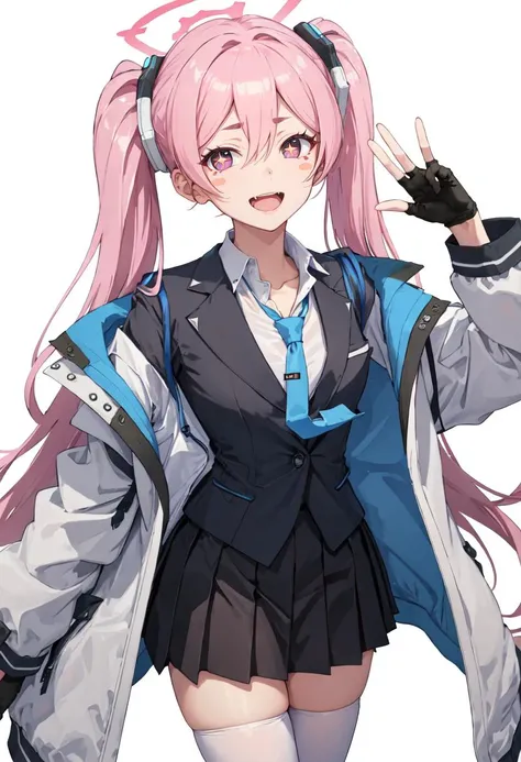 best quality, masterpiece, highres, solo, (koyuki_bluearchive:1.10), 1girl, black skirt, blue necktie, collared shirt, long sleeves, looking at viewer, pleated skirt, white jacket, white shirt, +_+, open mouth, smile, white thighhighs, black gloves, fingerless gloves, simple background, blush stickers, id card, white background, open jacket, two-sided jacket, 3 <lora:koyuki_bluearchive:0.80>