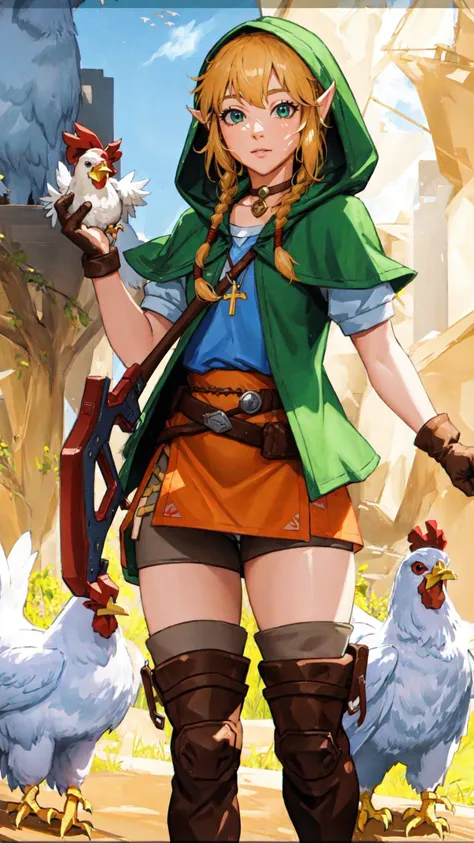 <lora:linkle_v1:0.8> linkle, braid, twin braids, nintendo, the legend of zelda, choker, thigh boots, green hood, BREAK, <lora:UnlimitedBladeWorks1.6:0.8> (crossbow:1.15), BREAK, (chicken, animals:1.25), masterpiece, best quality, extremely detailed, highly quality, 4k, sharp focus, professional, sharp focus, award winning, cinematic lighting, octane render, unreal engine, volumetrics dtx, Wallpaper,