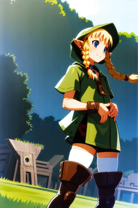 masterpiece, best_quality, 1girl, solo, linkle, nintendo, the legend of zelda, braid, twin braids, choker, thigh boots, zettai ryouiki, harada takehito,