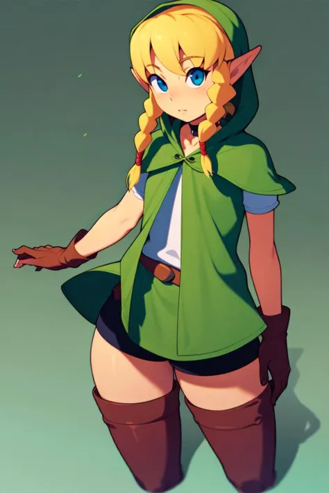 masterpiece, best_quality, 1girl, solo, linkle, nintendo, the legend of zelda, braid, twin braids, choker, thigh boots, zettai ryouiki, metata