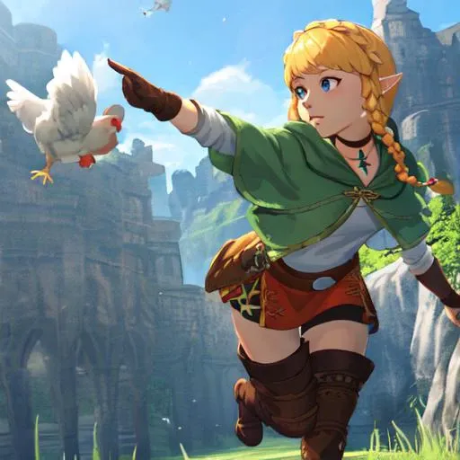 masterpiece, best_quality, 1girl, solo, a picture of linkle chasing a chicken in botw style, nintendo, the legend of zelda, braid, twin braids, choker, thigh boots, zettai ryouiki, hood, intricate, highly detailed, <lora:botwdiffusionLora300_lora300:1> ,<lora:linkle_V1:0.8>