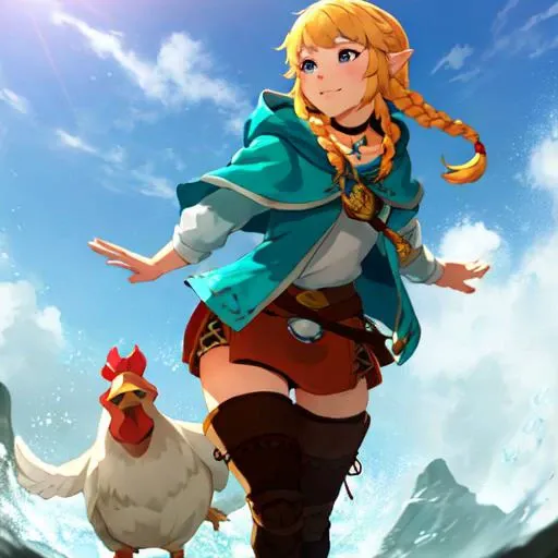 masterpiece, best_quality, 1girl, solo, a picture of linkle chasing a chicken in botw style, nintendo, the legend of zelda, braid, twin braids, choker, thigh boots, zettai ryouiki, happy expression, hood, intricate, highly detailed, <lora:botwdiffusionLora300_lora300:1> ,<lora:linkle_V1:0.8>
