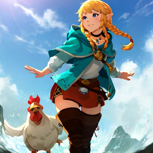masterpiece, best_quality, 1girl, solo, a picture of linkle chasing a chicken in botw style, nintendo, the legend of zelda, braid, twin braids, choker, thigh boots, zettai ryouiki, happy expression, hood, intricate, highly detailed, <lora:botwdiffusionLora300_lora300:1> ,<lora:linkle_V1:0.8>