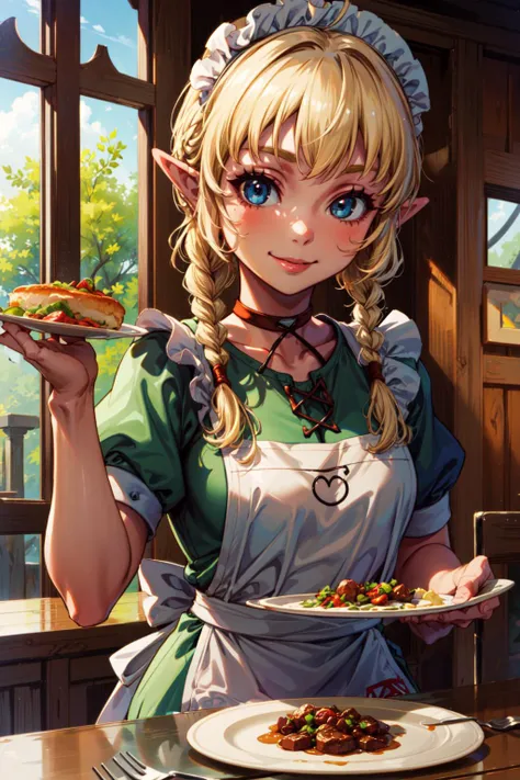 masterpiece,best quality,1girl,linkle,blonde hair,braid,twin braids,nintendo,the legend of zelda,smile,(maid apron),holding food plate,<lora:linkle_v1:0.8>,