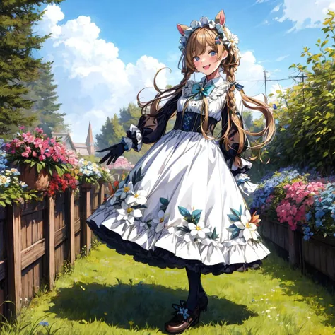 eli conifer,<lyco:eli conifer3:0.8>,1girl, solo, gloves, hair ornament, flower, hair flower, animal ears, blue eyes, smile, pantyhose, shoes, braid, brown hair, full body, white gloves, long sleeves, dress, long hair, center frills, white pantyhose, bow, twin braids, open mouth, ;d, frills, blue flower, brown bow, brown footwear, white shirt, blush, looking at viewer, bangs, shirt, mary janes, puffy sleeves, horse ears, green dress, puffy long sleeves, bowtie,frilled dress,<lora:flat2:-1>,