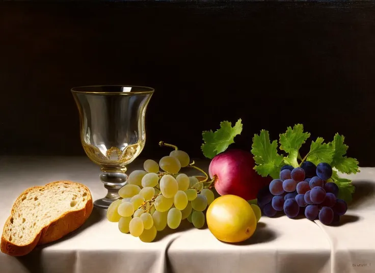 a painting of a still life, no humans, food, grape, indoors, glass, flower, bread