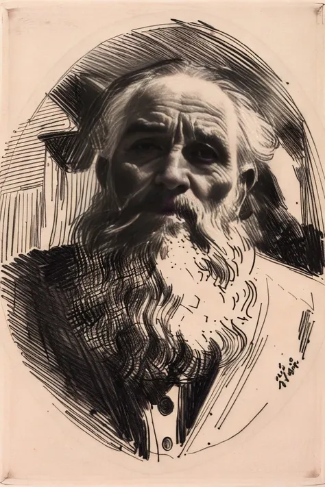 a drawing portrait of an old man by AZrn, monochrome, signature, solo, beard, frame, <lora:sketch_study_resize:0.6> <lora:zorn:0.8>