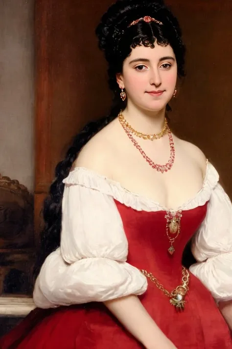 a painting of a standing woman, jewelry, necklace, red dress, black hair, long sleeves, cleavage, indoors, frills, long hair, looking at viewer