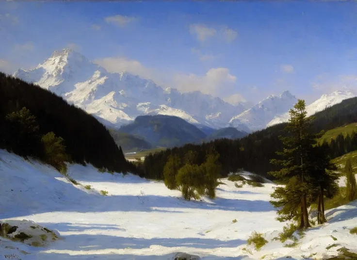 an oil painting of a mountain by WllBgr, bougeureau, snow, scenery