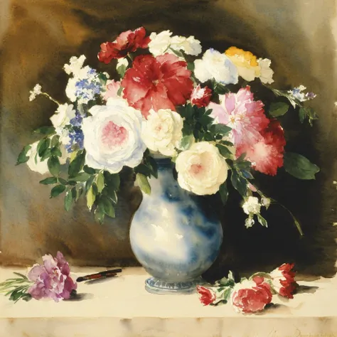 a watercolor bouquet of flowers, (watercolour painting study by DLCRX), delacroix, oriental