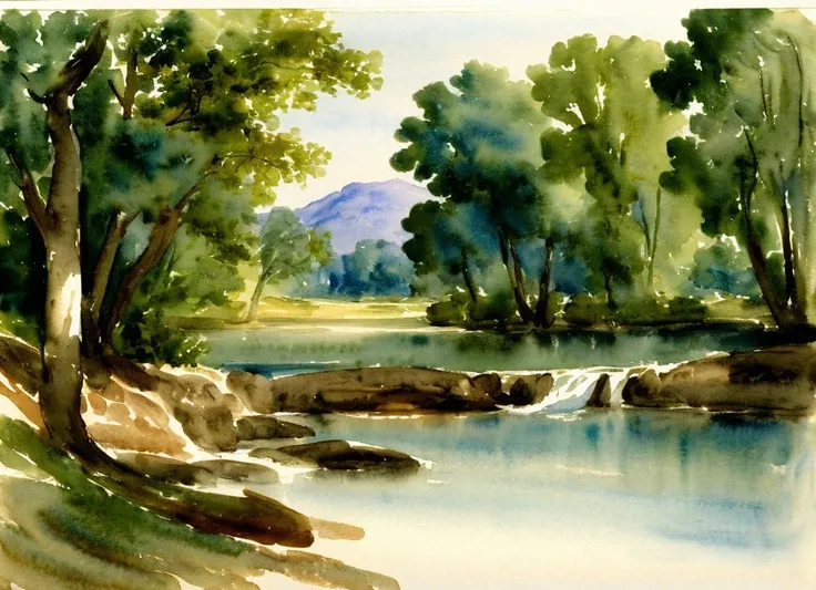 a watercolor forest with trees and a river, (watercolour painting study by DLCRX), delacroix