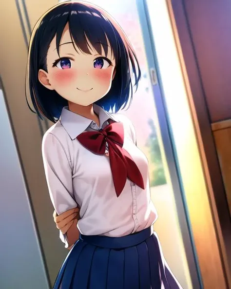 (pija pianissimo), 1girl, blush, smile, cowboy shot, dynamic angle, arms behind back, small breasts, looking_at_viewer, school_uniform, shirt, skirt, <hypernet:pija-23200:1>