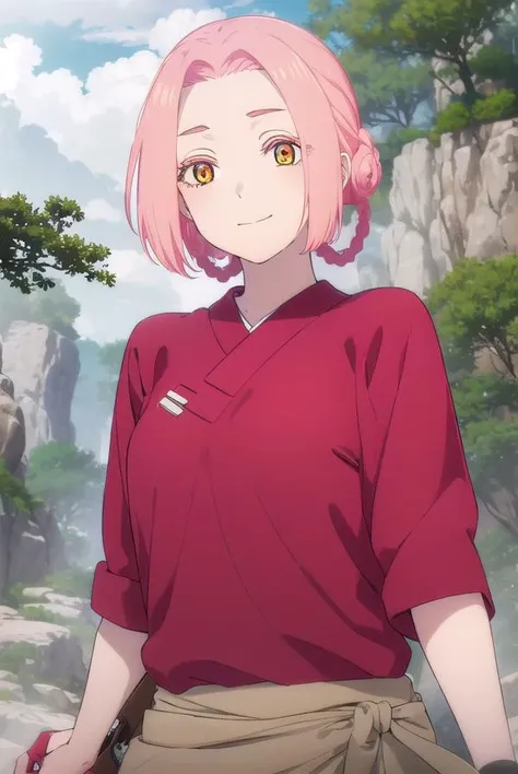 jigokumei, <lora:jigoku mei s1-lora-nochekaiser:1>,
mei, short hair, pink hair, hair rings, (parted bangs:1.5), braid, (yellow eyes:1.3), smile,
BREAK japanese clothes, pants, (red shirt:1.5),
BREAK outdoors, forest, nature, sky, sun, clouds,
BREAK looking at viewer, (cowboy shot:1.5),
BREAK <lyco:GoodHands-beta2:1>, (masterpiece:1.2), best quality, high resolution, unity 8k wallpaper, (illustration:0.8), (beautiful detailed eyes:1.6), extremely detailed face, perfect lighting, extremely detailed CG, (perfect hands, perfect anatomy),