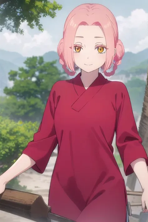 jigokumei, <lora:jigoku mei s1-lora-nochekaiser:1>,
mei, short hair, pink hair, hair rings, (parted bangs:1.5), braid, (yellow eyes:1.3), smile,
BREAK japanese clothes, pants, (red shirt:1.5),
BREAK outdoors, forest, nature, sky, sun, clouds,
BREAK looking at viewer, (cowboy shot:1.5),
BREAK <lyco:GoodHands-beta2:1>, (masterpiece:1.2), best quality, high resolution, unity 8k wallpaper, (illustration:0.8), (beautiful detailed eyes:1.6), extremely detailed face, perfect lighting, extremely detailed CG, (perfect hands, perfect anatomy),