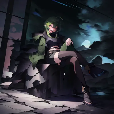 (Anime Art Illustration:1.5), alstar, dark theme, gavial, looking at viewer, smile, open mouth, shirt, thighhighs, long sleeves, sitting, jacket, :d, boots, green hair, open clothes, shorts, teeth, black thighhighs, black footwear, open jacket, crop top, black shirt, short shorts, fangs, black shorts, crossed legs, green jacket, oripathy lesion(arknights), <lora:LowRA:1>, <lora:Gavial-04:1>, (Alluring:1.3)