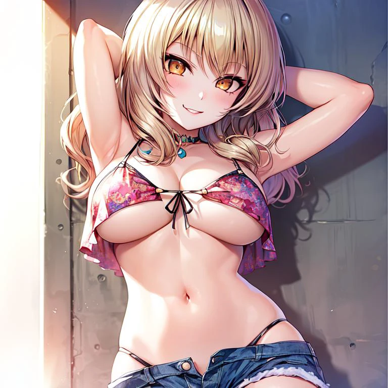 <lora:add_brightness:0.5><lora:add_detail:0.5><lora:leco_gyaru_500steps:-1.5>1girl, large breast,evil grin,bangs, hair, glasses,
gyaru, front-tie top, short shorts, navel,cleavage, multi-strapped panties, sideboob, arms behind head,
cowboy shot,