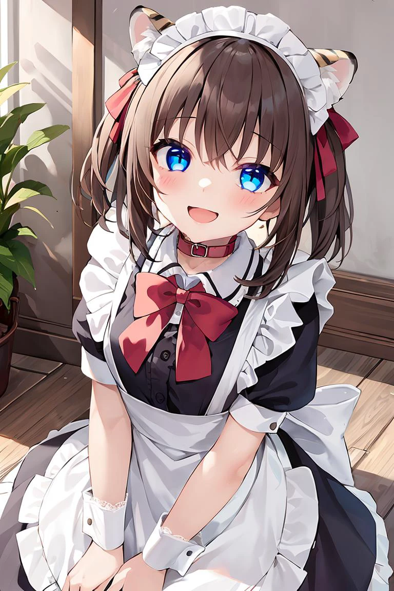 1girl, animal_ears, apron, black_dress, black_footwear, blue_eyes, blush, bow, bowtie, brown_hair, collarbone, looking_at_viewer, on_floor, open_mouth, shoes, , sitting, smile, solo, thighhighs, tile_floor, tiles, wariza,
<lora:tukuyomi_v2:0.4>tukuyomiv1, black dress, frilled apron, hair ribbon, lace trim, maid, maid white apron, maid headdress, puffy short sleeves, puffy sleeves, red bow, red bowtie, short sleeves, wrist cuffs,white legware,white kneesockes,garter belt,dog collar,