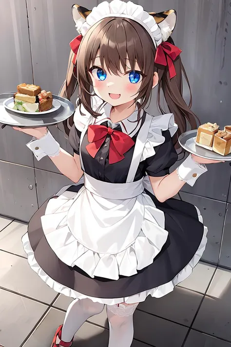 1girl, animal_ears, apron, black_dress, black_footwear, blue_eyes, blush, bow, bowtie, brown_hair, collarbone, looking_at_viewer,  on_floor, open_mouth, shoes, , sitting, smile, solo, thighhighs, tile_floor, tiles, wariza, 
<lora:tukuyomi_v2:0.4>tukuyomiv1, black dress, frilled apron, hair ribbon, lace trim, maid, maid white apron, maid headdress, puffy short sleeves, puffy sleeves, red bow, red bowtie, short sleeves, wrist cuffs,white legware,white kneesockes,garter belt,dog collar,