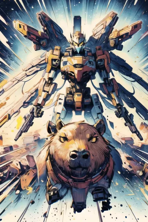 a close up of a cartoon of a bear and a robot