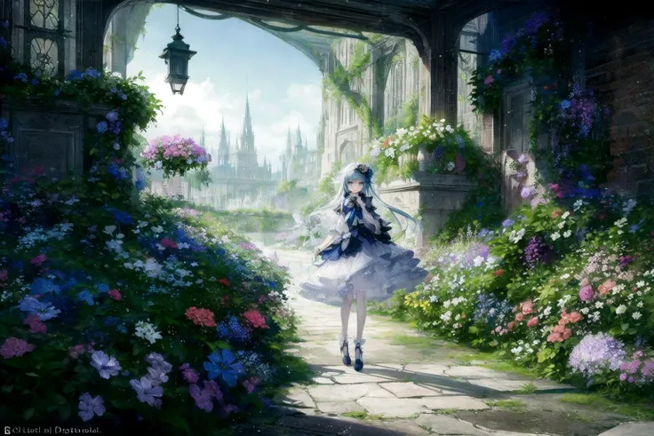 (masterpiece), (best_quality:1.3), (ultra_detailed:1.3), 8k, (((extremely_clear))), vivid color,
perfect proportion, perfect anatomy,  
late noon, scenery, fantasy flower field, full body, cinematic lighting, 
1girl, 18 years-old, intricate adorable beautiful face, wearing fantasy colorful ruffled party gown, noble luxury beautiful gown, showing legs,
 flower_style