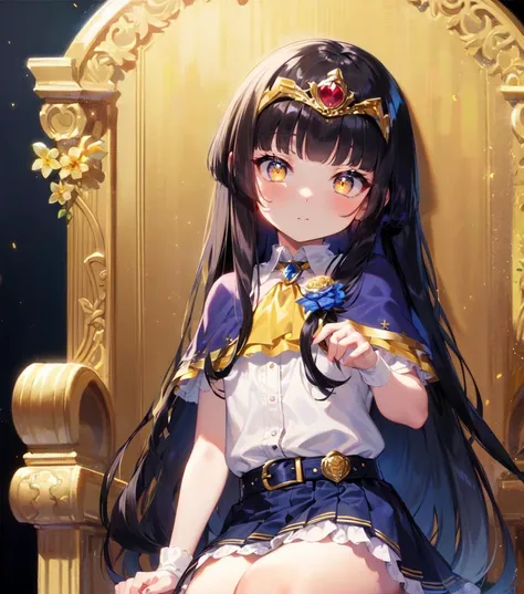 (yellow eyes:1.0), (very long hair, straight hair, black hair:1.1), straight bangs, (princess:1.0), <lora:envybetterhandsLocon_beta2:1>, <lora:beautifulDetailedEyes_v10:0.45>, (hime cut, blunt bangs:1.2), throne, solo, (looking at viewer:1.1), hair flower,( facing viewer:1.1), tiara, ruby, small breasts, (blue skirt, white shirt, capelet, ascot, skirt, belt:1.0), (blue capelet:1.2), (yellow ascot:0.9)