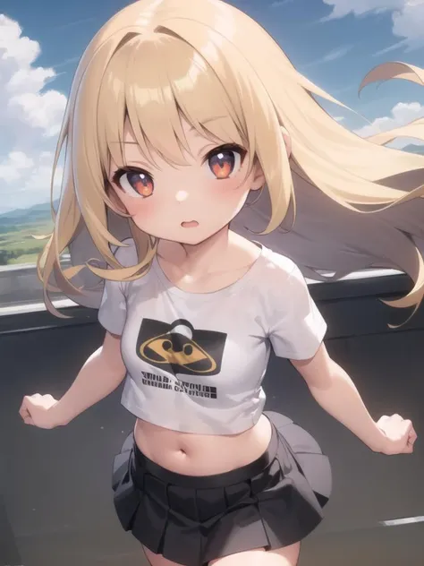 (masterpiece), best quality, 1girl, solo,
blonde hair, child, small breasts,
t-shirt, navel, skirt,
outdors, sky, wind,
from above,