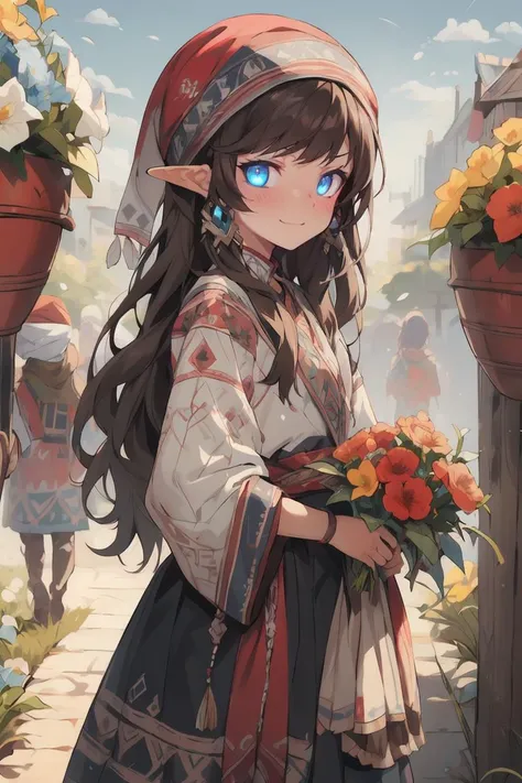 1girl, bangs, blue eyes, blush, bouquet, bracelet, brown hair, closed mouth, cloud, day, earrings, elf, flower, holding, holding bouquet, holding flower, jewelry, long hair, looking at viewer, orange flower, outdoors, plant, pointy ears, red flower, red rose, rose, sky, smile, solo, standing, sunflower, tulip, vase, yellow flower,
<lora:20231211-1702279447355:0.6>folk