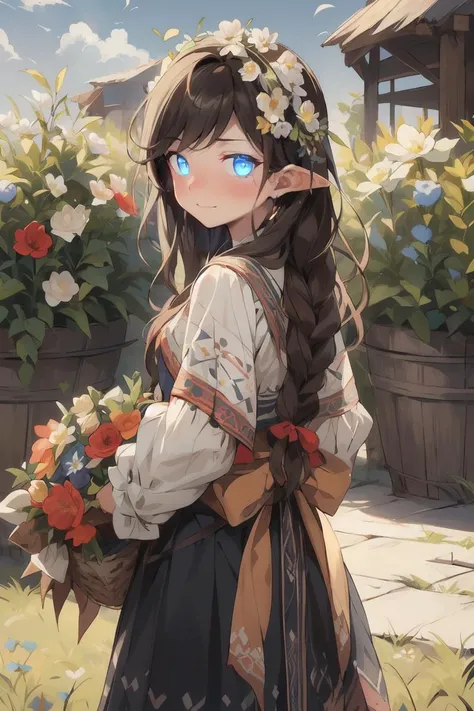 1girl, bangs, blue eyes, blue sky, blush, bouquet, bow, braid, brown hair, closed mouth, cloud, daisy, day, earrings, elf, field, flower, flower field, flower pot, garden, grass, holding, holding bouquet, holding flower, long hair, long sleeves, looking at viewer, orange flower, outdoors, plant, pointy ears, potted plant, red flower, red rose, rose, single braid, skirt, sky, smile, solo, standing, tulip, twin braids, vase, watering can, white flower, white rose, white shirt, yellow flower ,<lora:20231211-1702279447355:0.6>folk